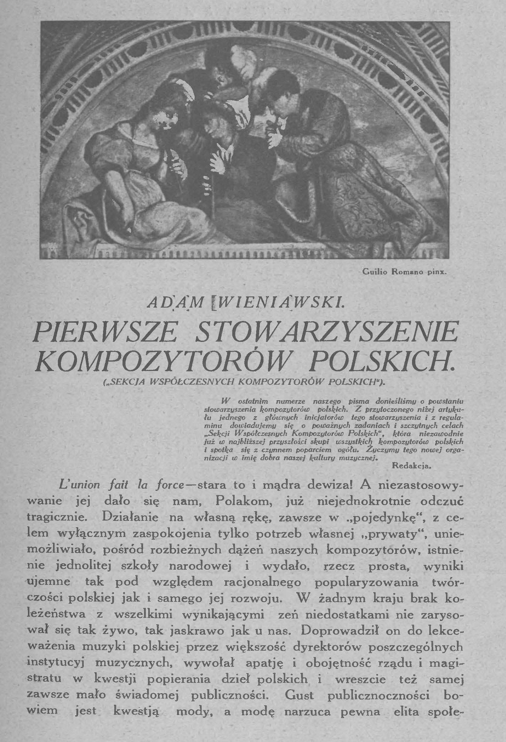 Skan: Adam Wieniawski, Pierwsze stowarzyszenie kompozytorów polskich, „Muzyka” 1925, nr 6